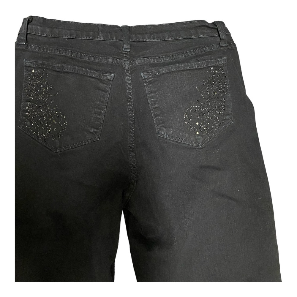 NYDJ Barbara Black Bootcut Jeans Size 12 Studded Rhinestone Pockets Lift Tuck